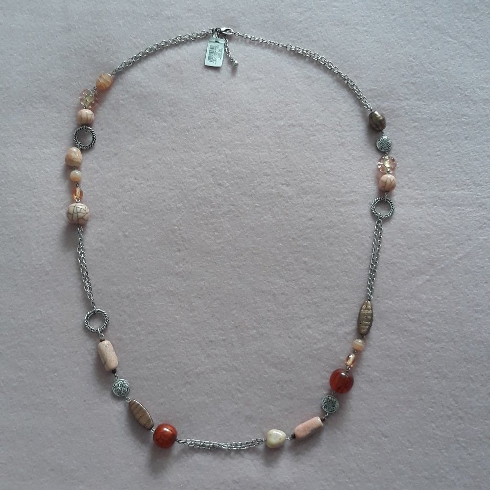 Chico's Necklace, Signed.  Silver Tone Chain with Orange/Tan Beads NWT